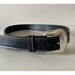 Nocona Belt Co Mens Black Genuine Leather Western Belt Silver Buckle Size 38